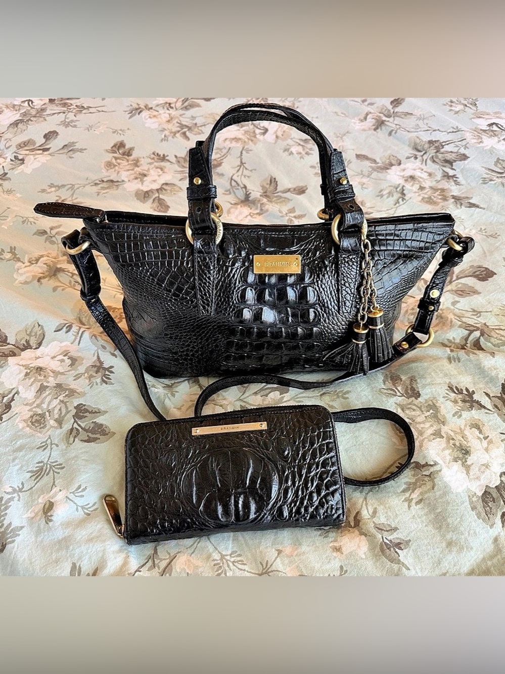 Brahmin Black Crocodile-Embossed Leather Tote & Matching Wallet Set